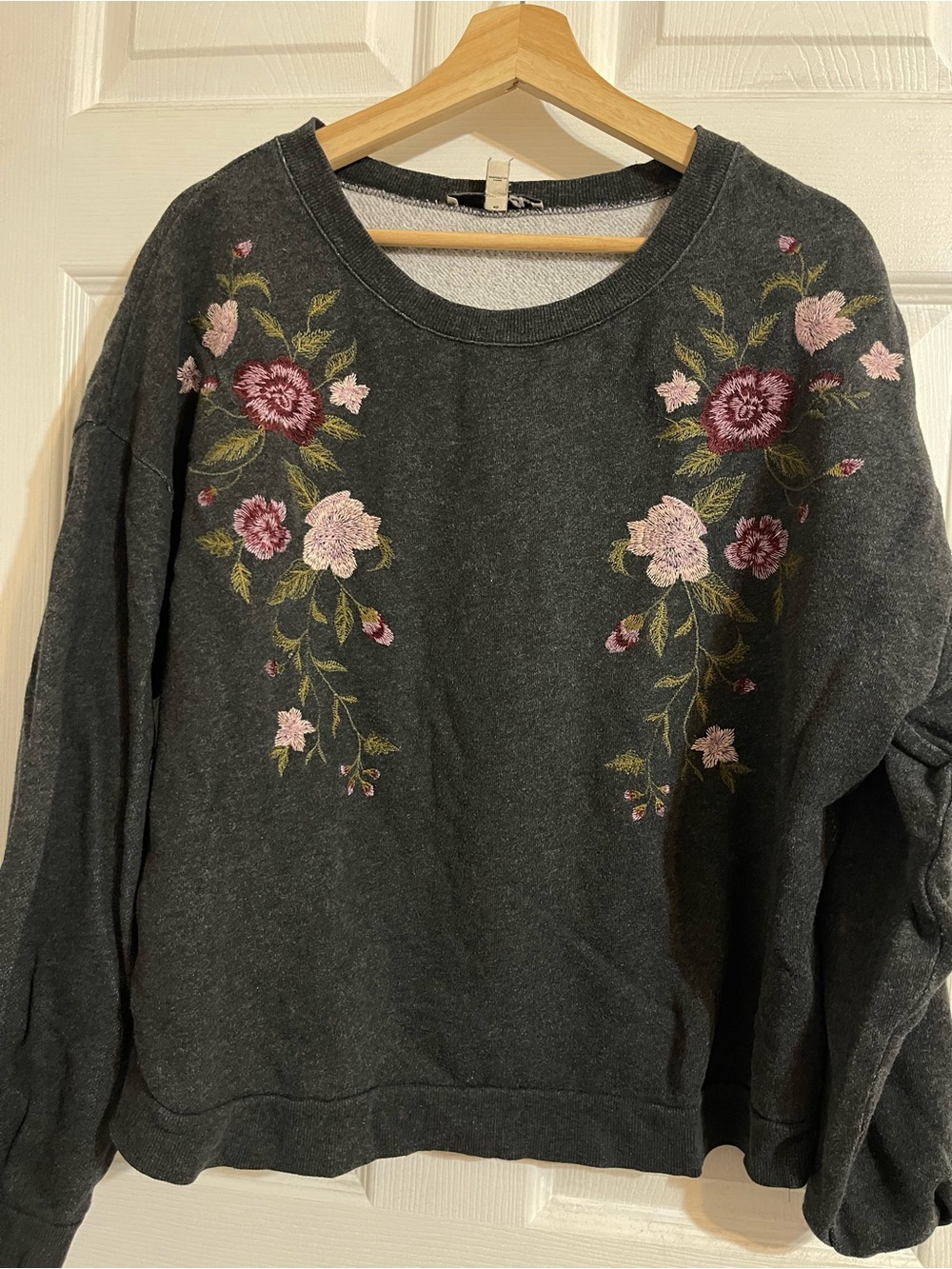 Express Charcoal Sweatshirt with Pink & Burgundy Floral Embroidery